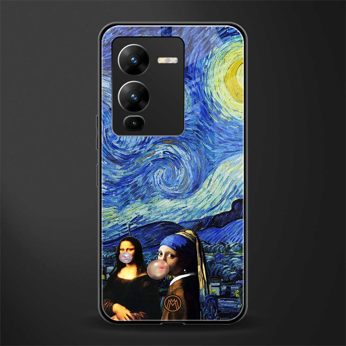 mona lisa starry night back phone cover | glass case for vivo v25 pro 5g