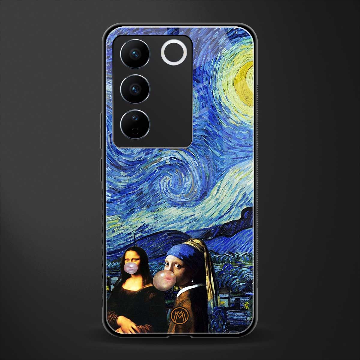mona lisa starry night back phone cover | glass case for vivo v27 pro 5g