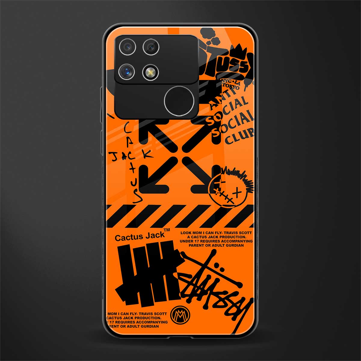 orange travis scott x anti social social club back phone cover | glass case for realme narzo 50a