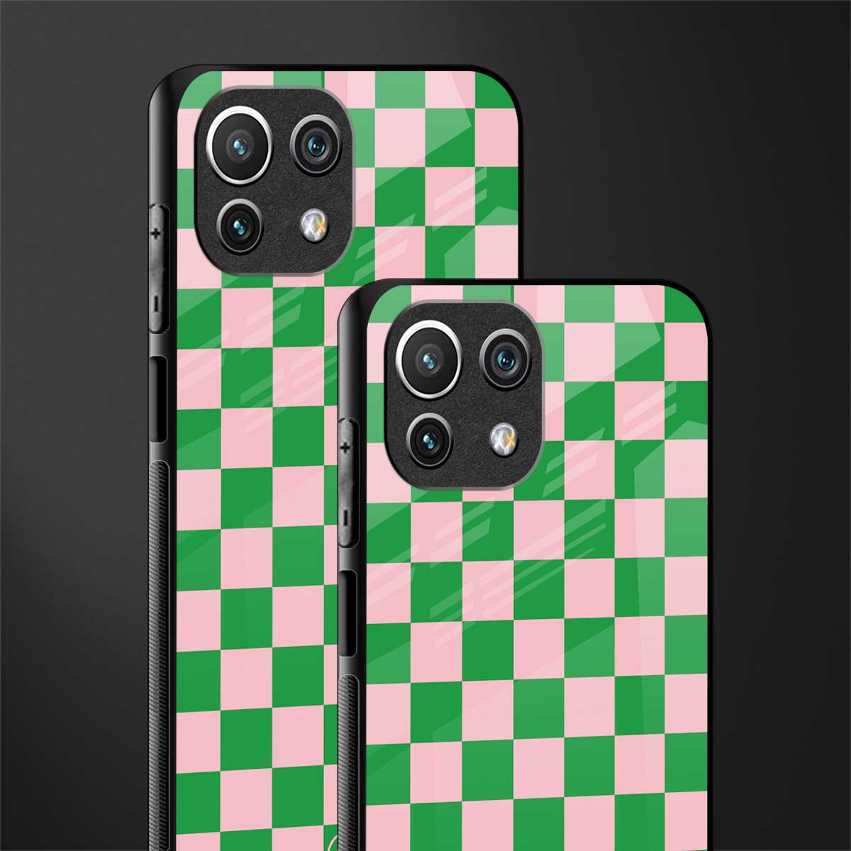 pink & green check pattern glass case for mi 11 lite image-2