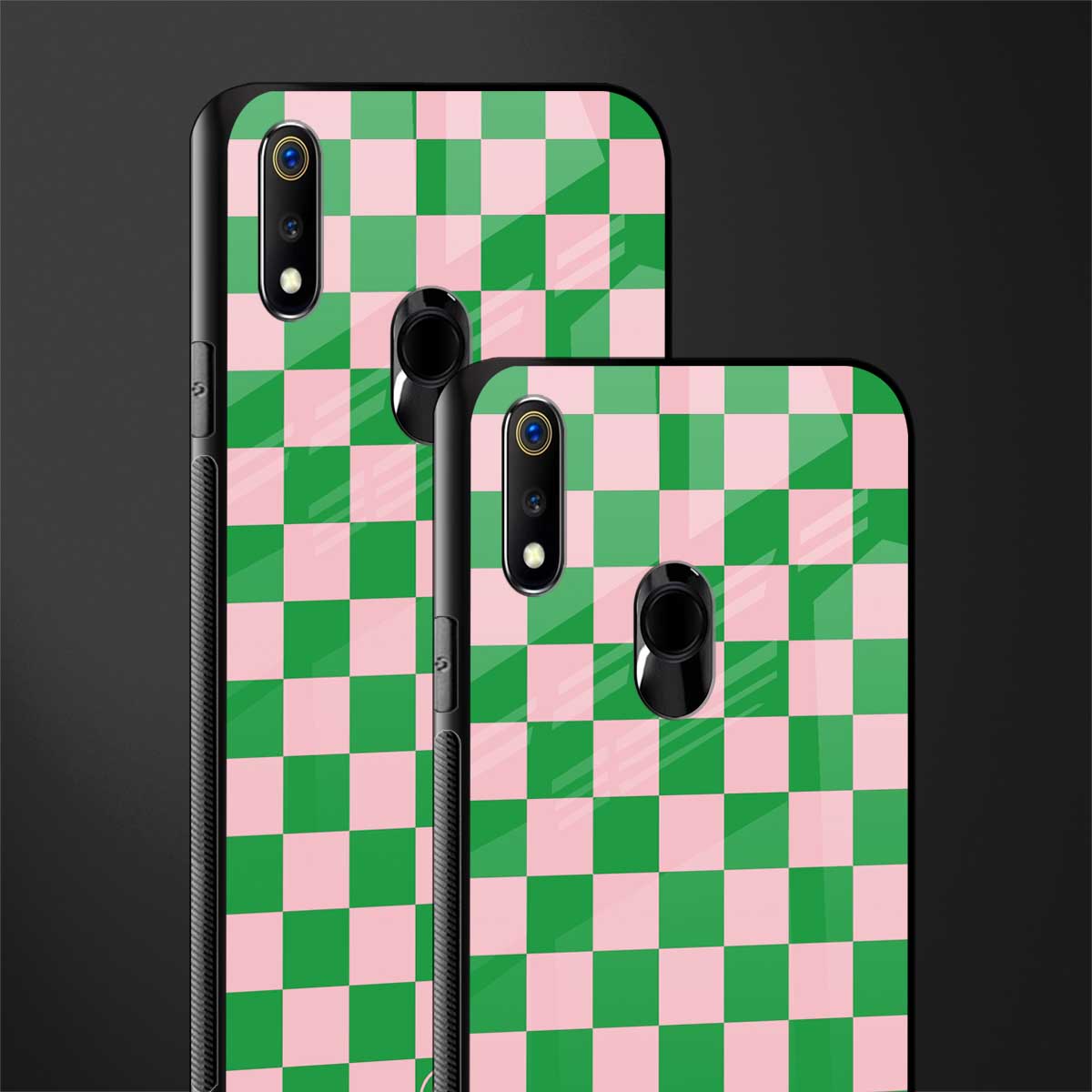 pink & green check pattern glass case for realme 3 pro image-2