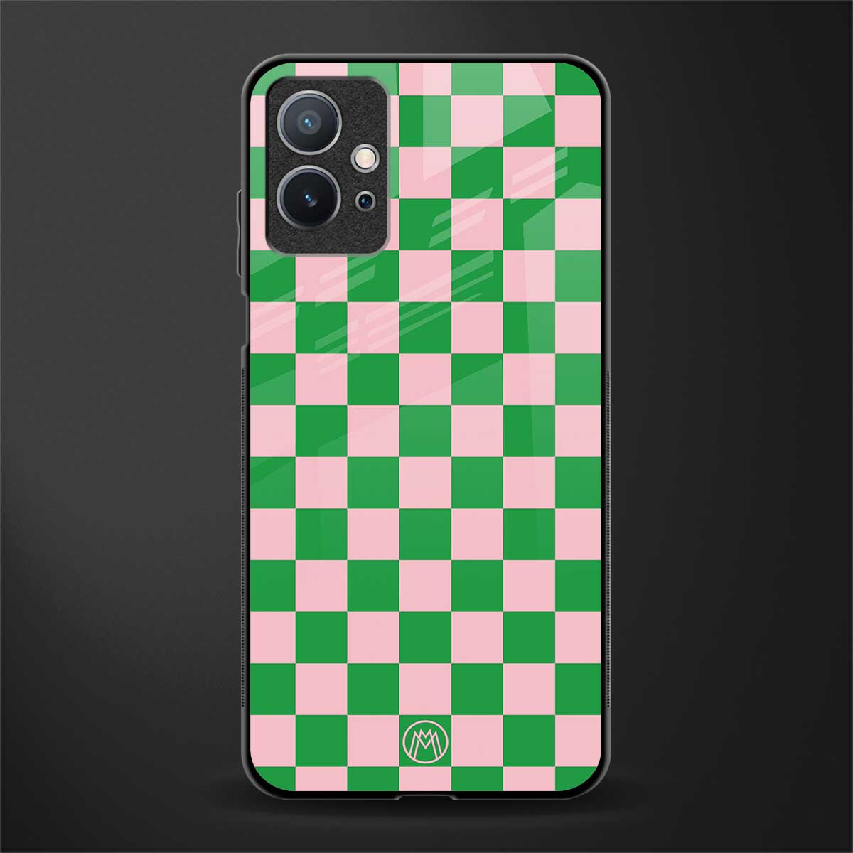 pink & green check pattern glass case for vivo t1 5g image