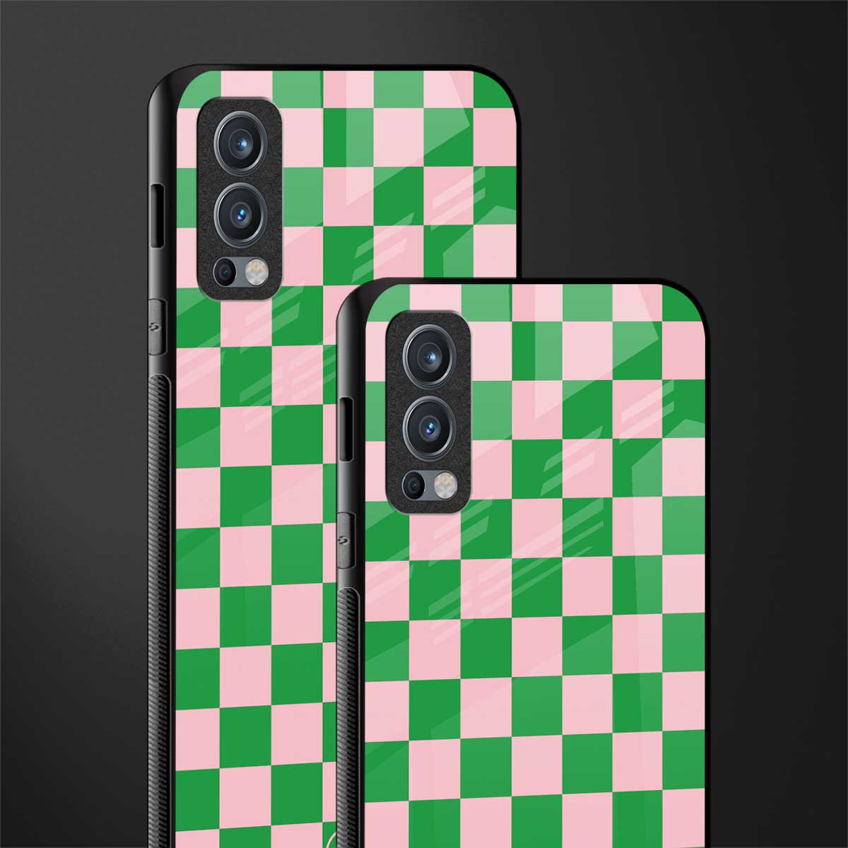 pink & green check pattern glass case for oneplus nord 2 5g image-2