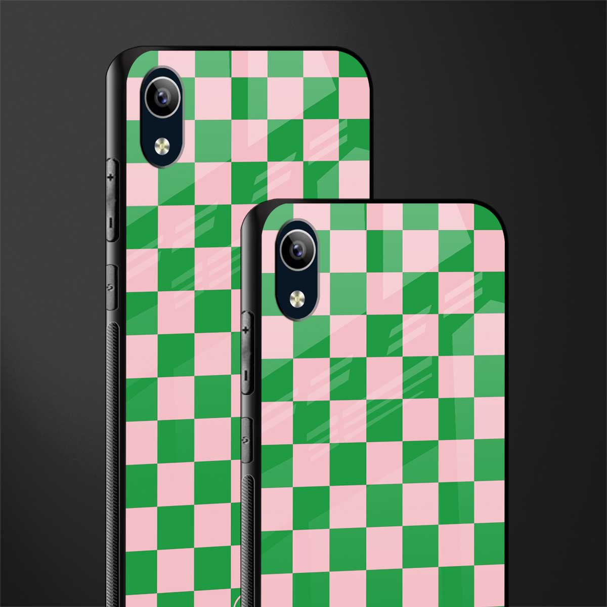 pink & green check pattern glass case for vivo y1s without fingerprint image-2