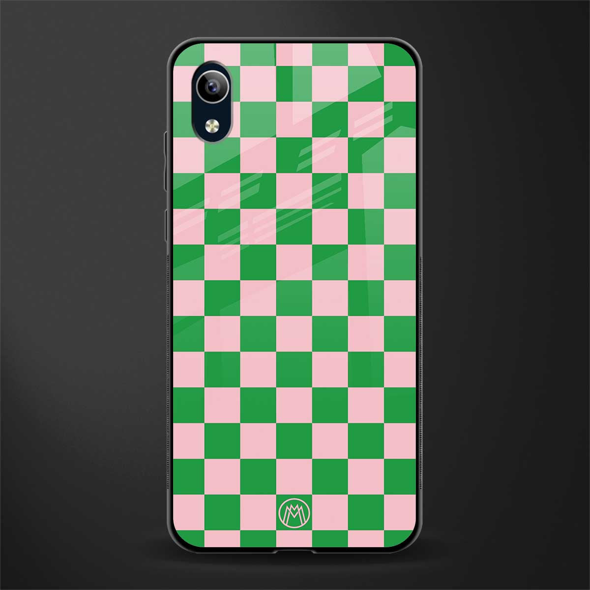 pink & green check pattern glass case for vivo y1s without fingerprint image