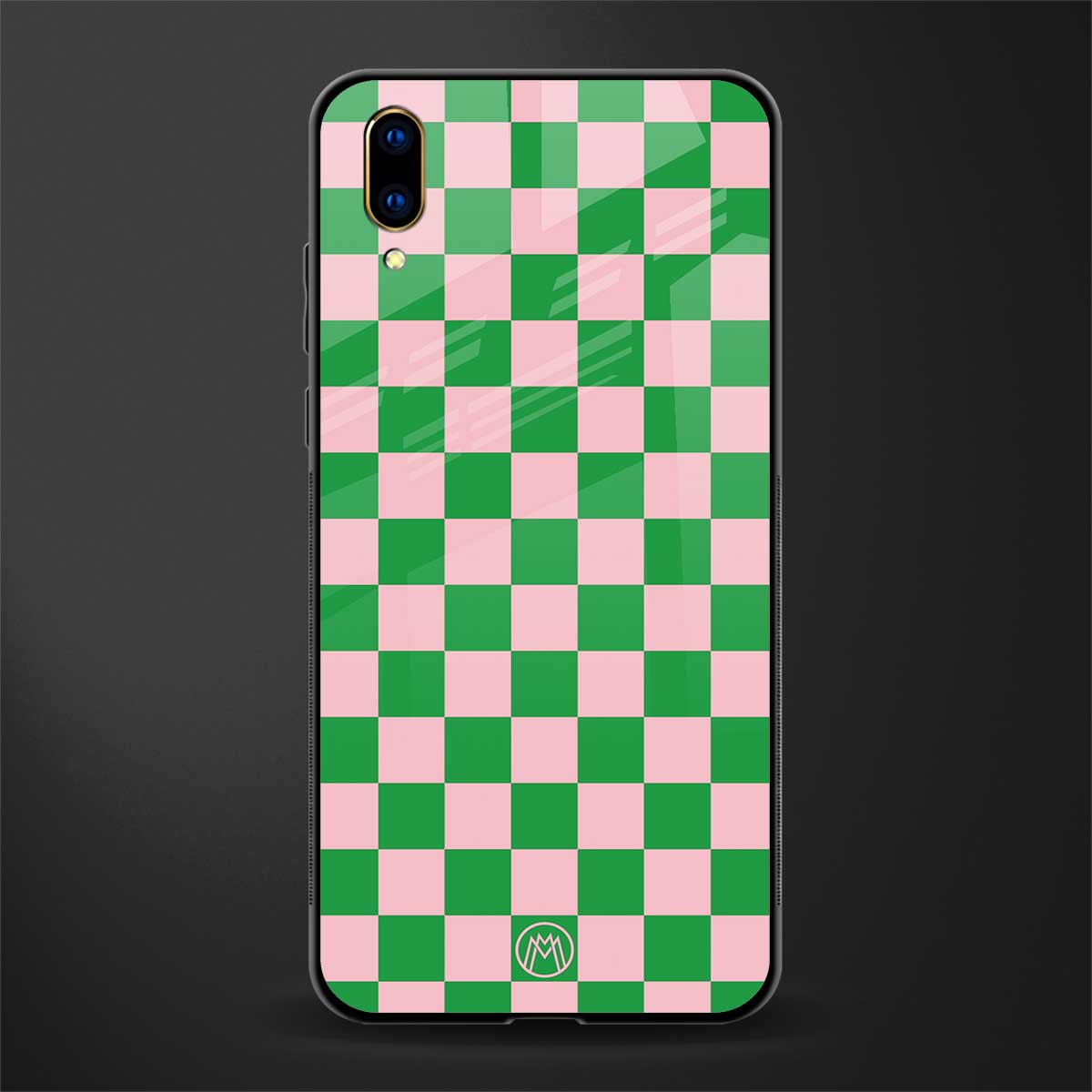 pink & green check pattern glass case for vivo v11 pro image