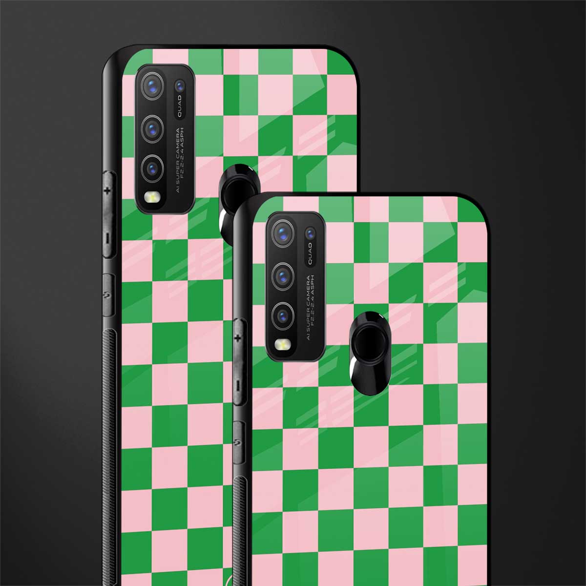 pink & green check pattern glass case for vivo y50 image-2