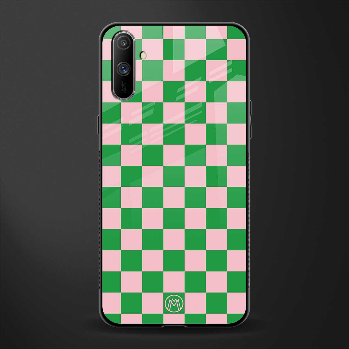 pink & green check pattern glass case for realme c3 image