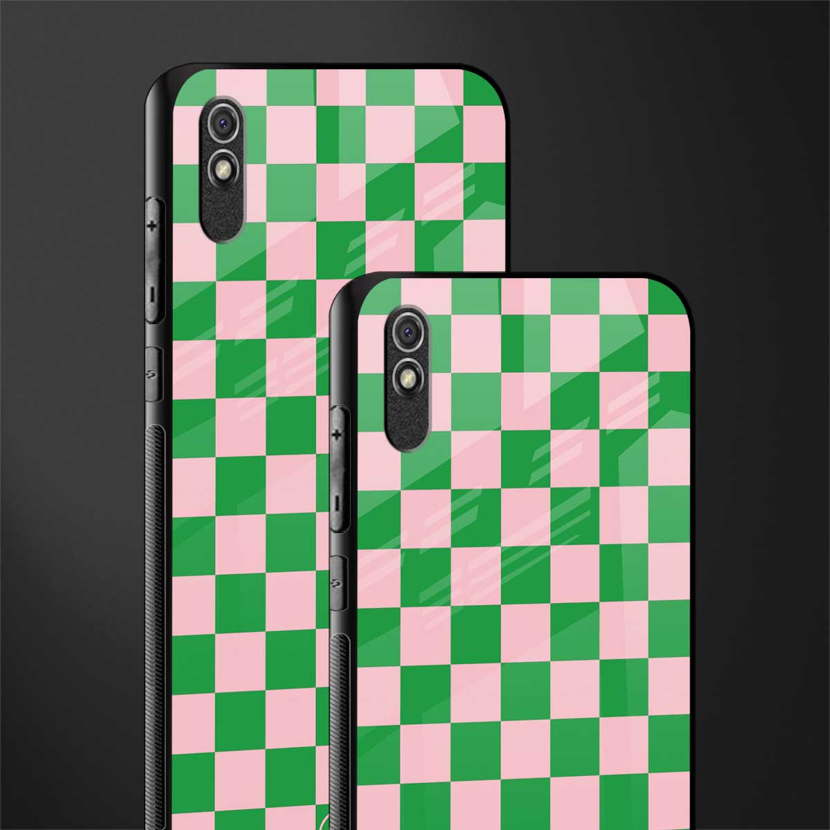 pink & green check pattern glass case for redmi 9a sport image-2