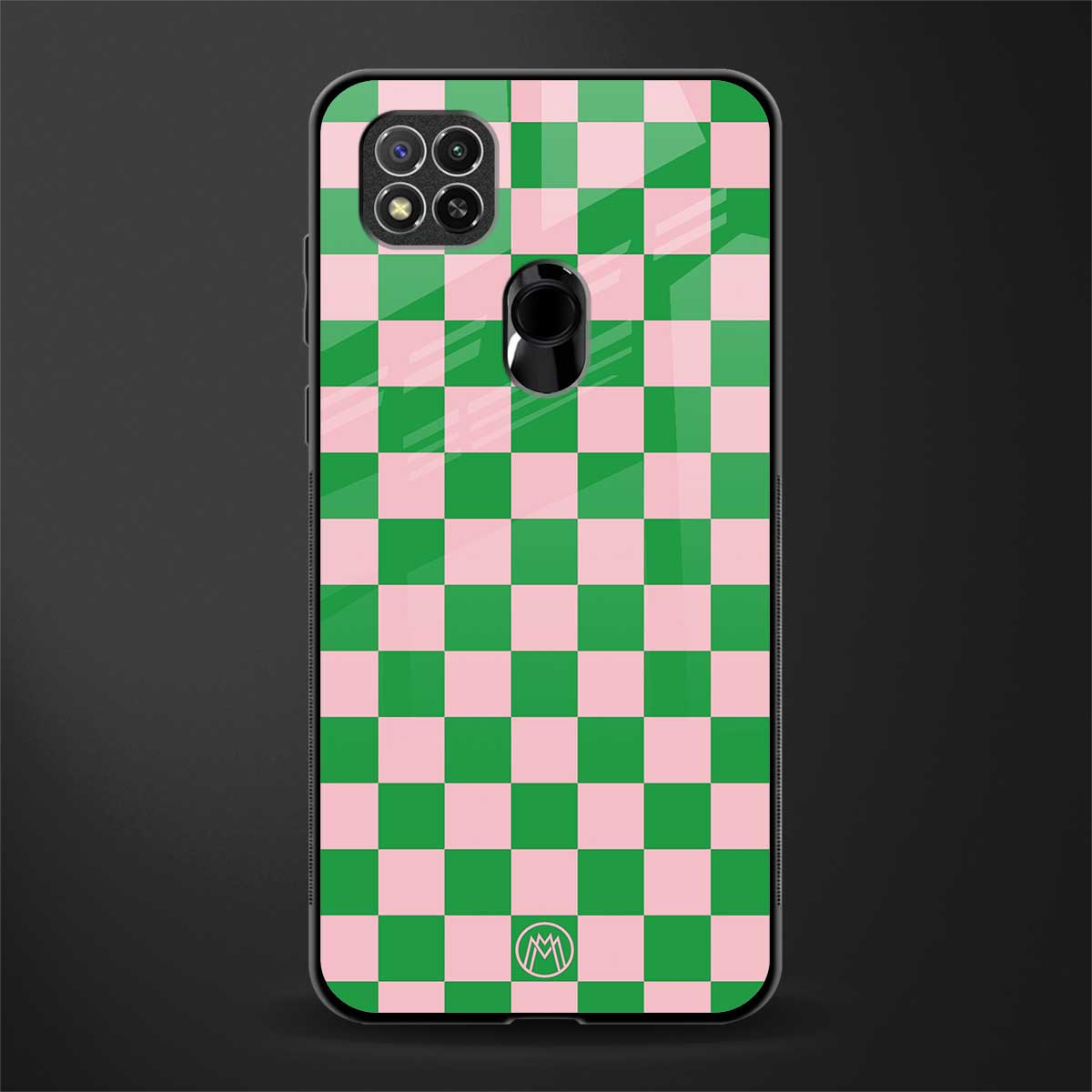 pink & green check pattern glass case for redmi 9 image