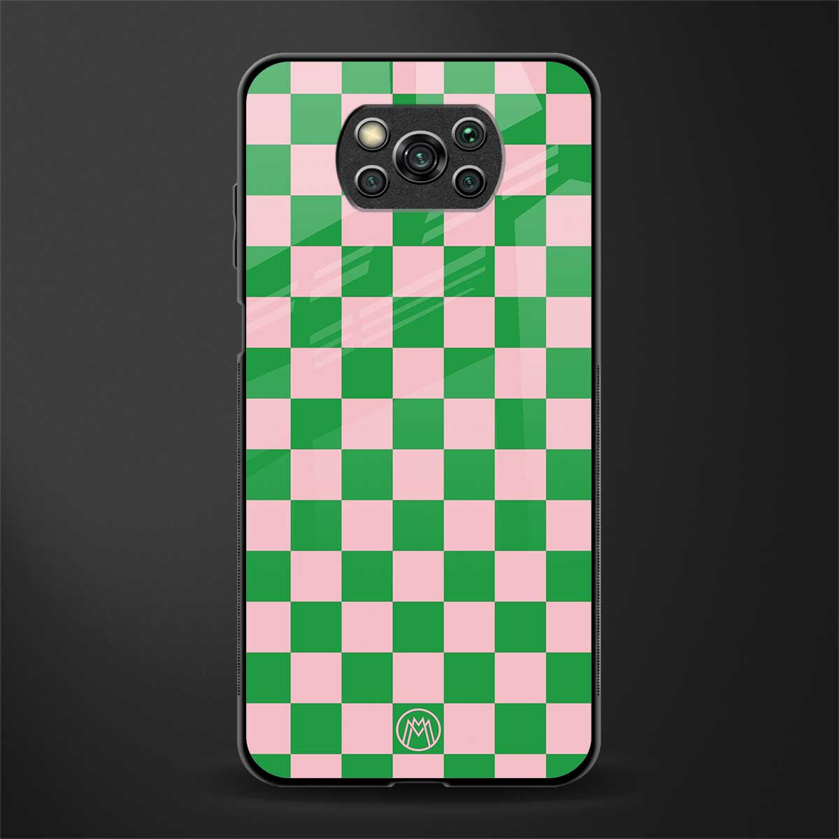 pink & green check pattern glass case for poco x3 image