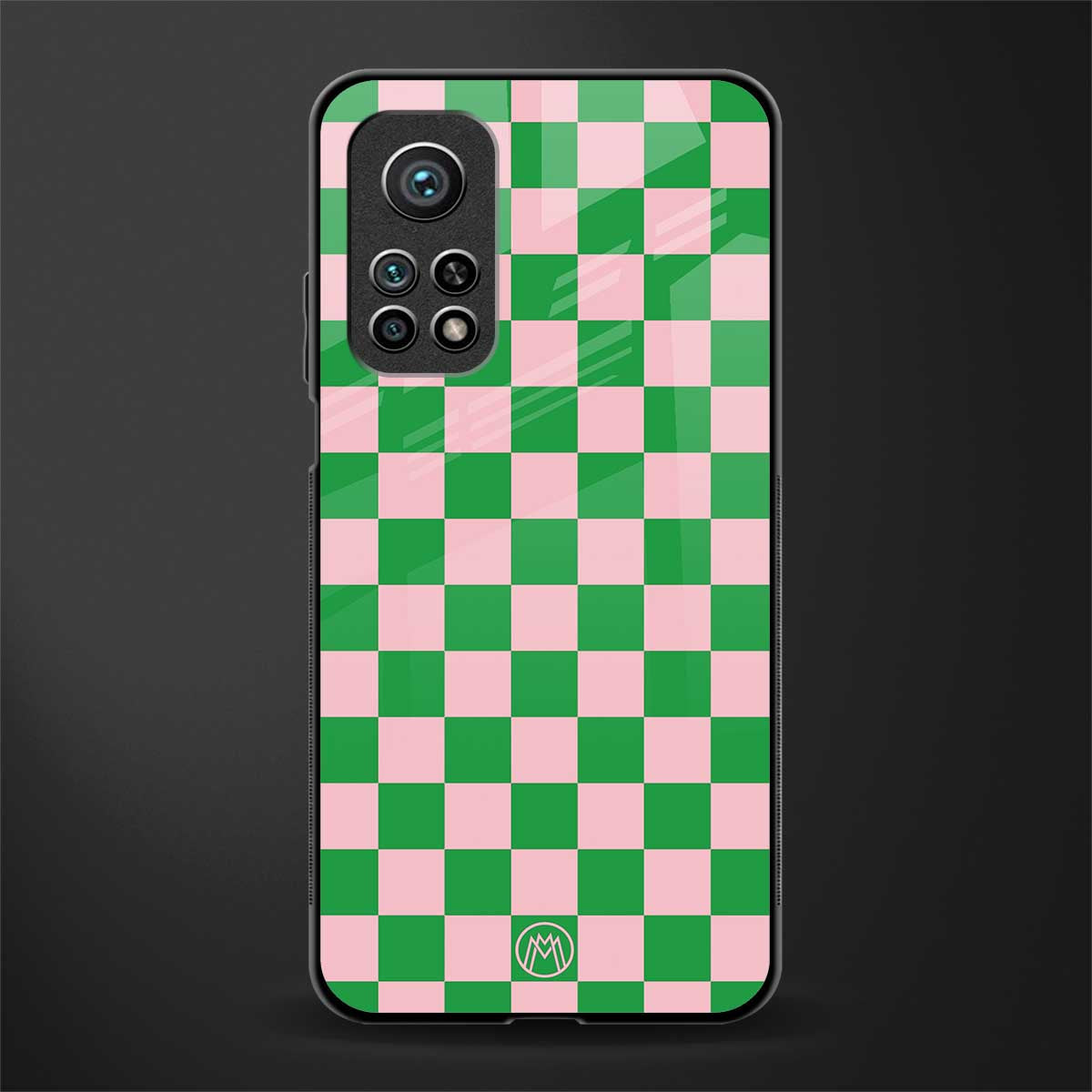 pink & green check pattern glass case for mi 10t pro image