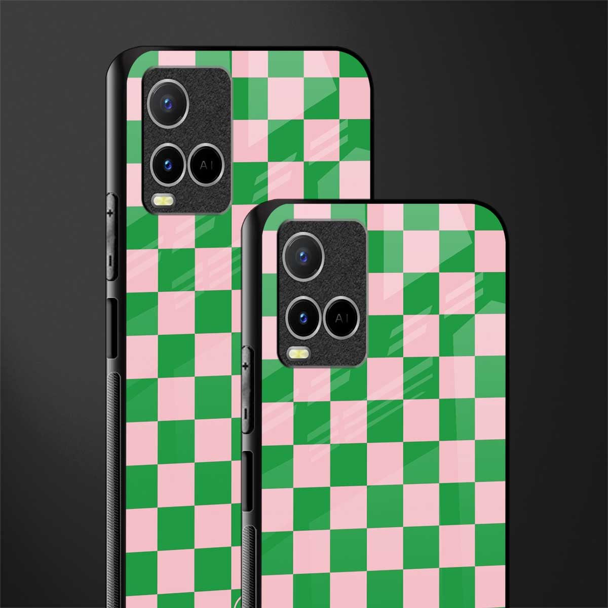 pink & green check pattern glass case for vivo y33s vivo y33t image-2