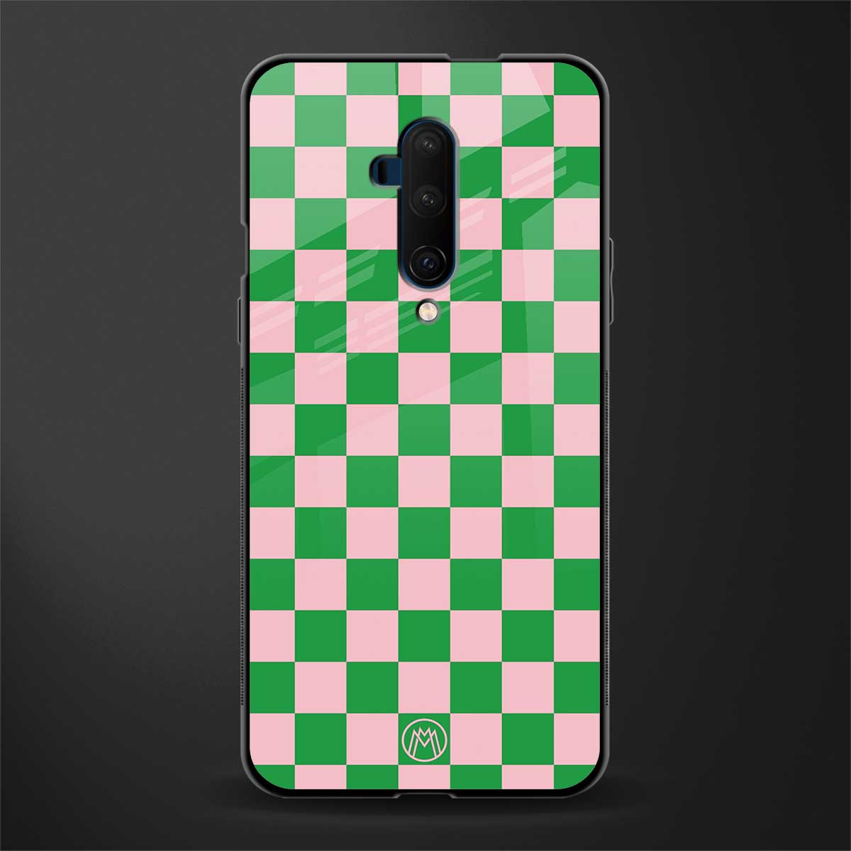 pink & green check pattern glass case for oneplus 7t pro image