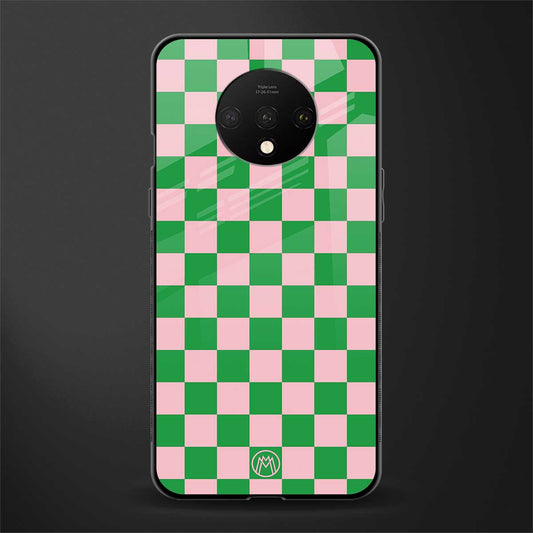 pink & green check pattern glass case for oneplus 7t image