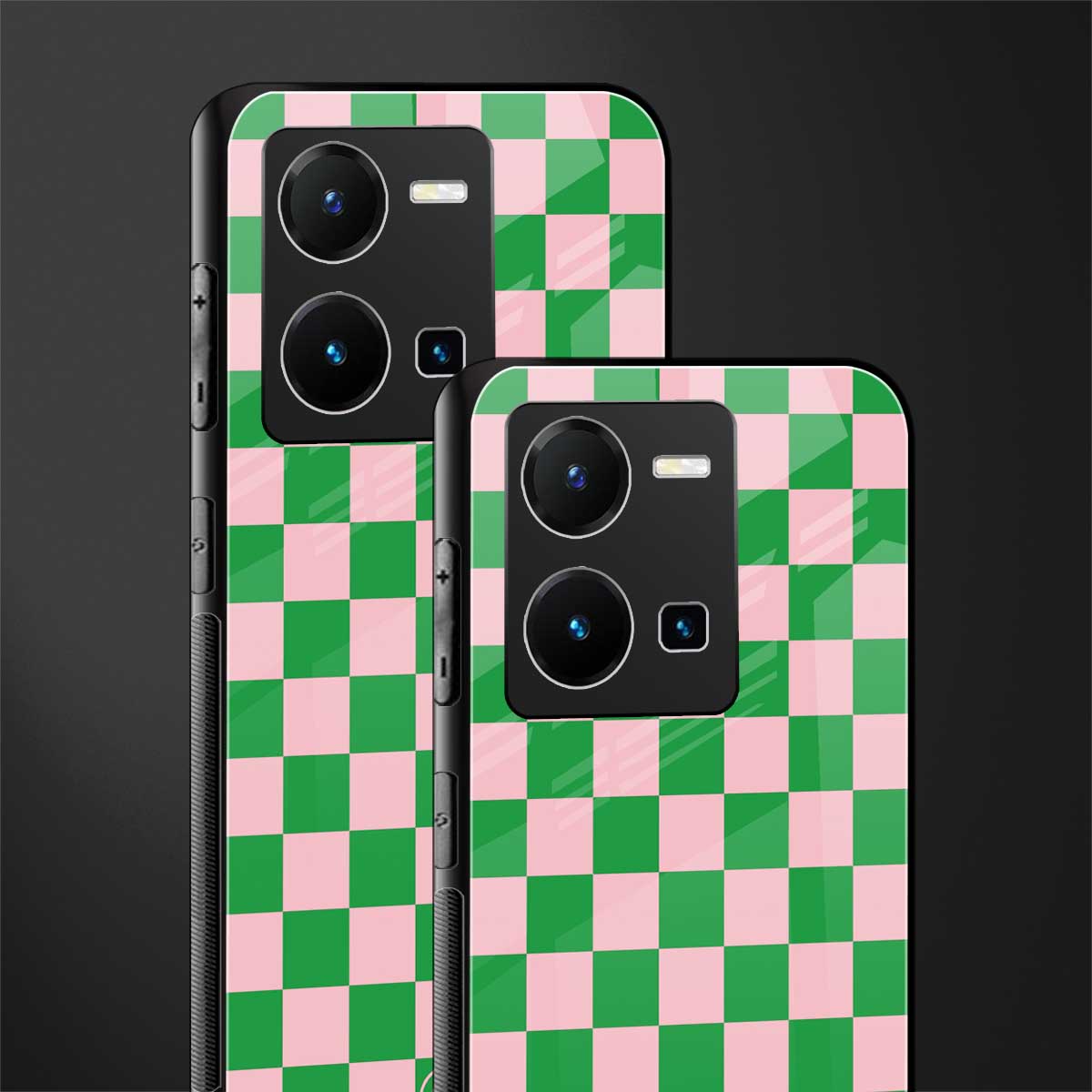 pink & green check pattern back phone cover | glass case for vivo y35 4g