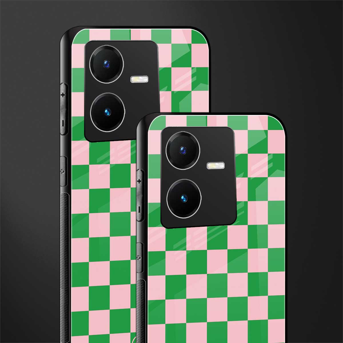 pink & green check pattern back phone cover | glass case for vivo y22