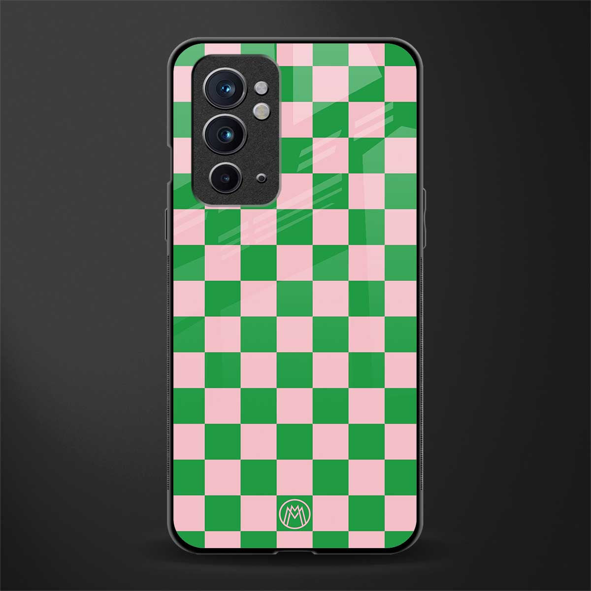 pink & green check pattern glass case for oneplus 9rt image