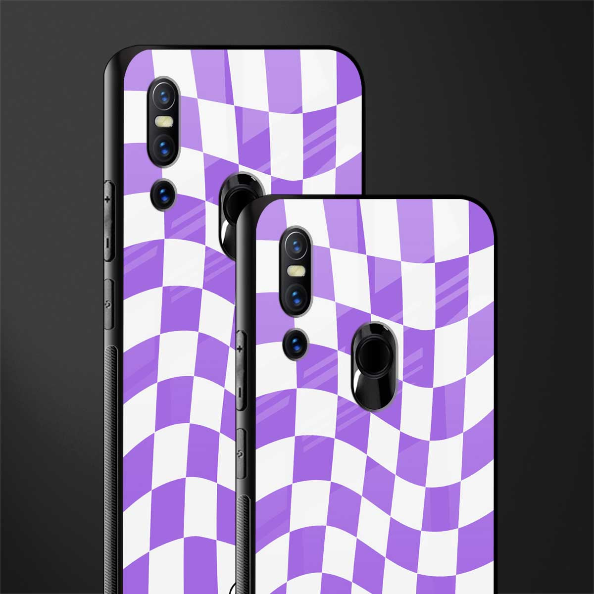 purple white trippy check pattern glass case for vivo v15 image-2