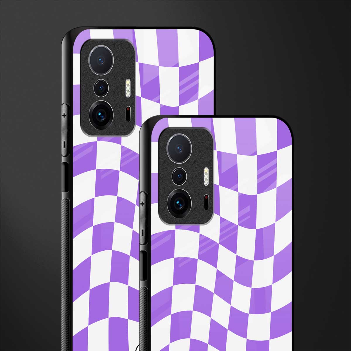 purple white trippy check pattern glass case for mi 11t pro 5g image-2