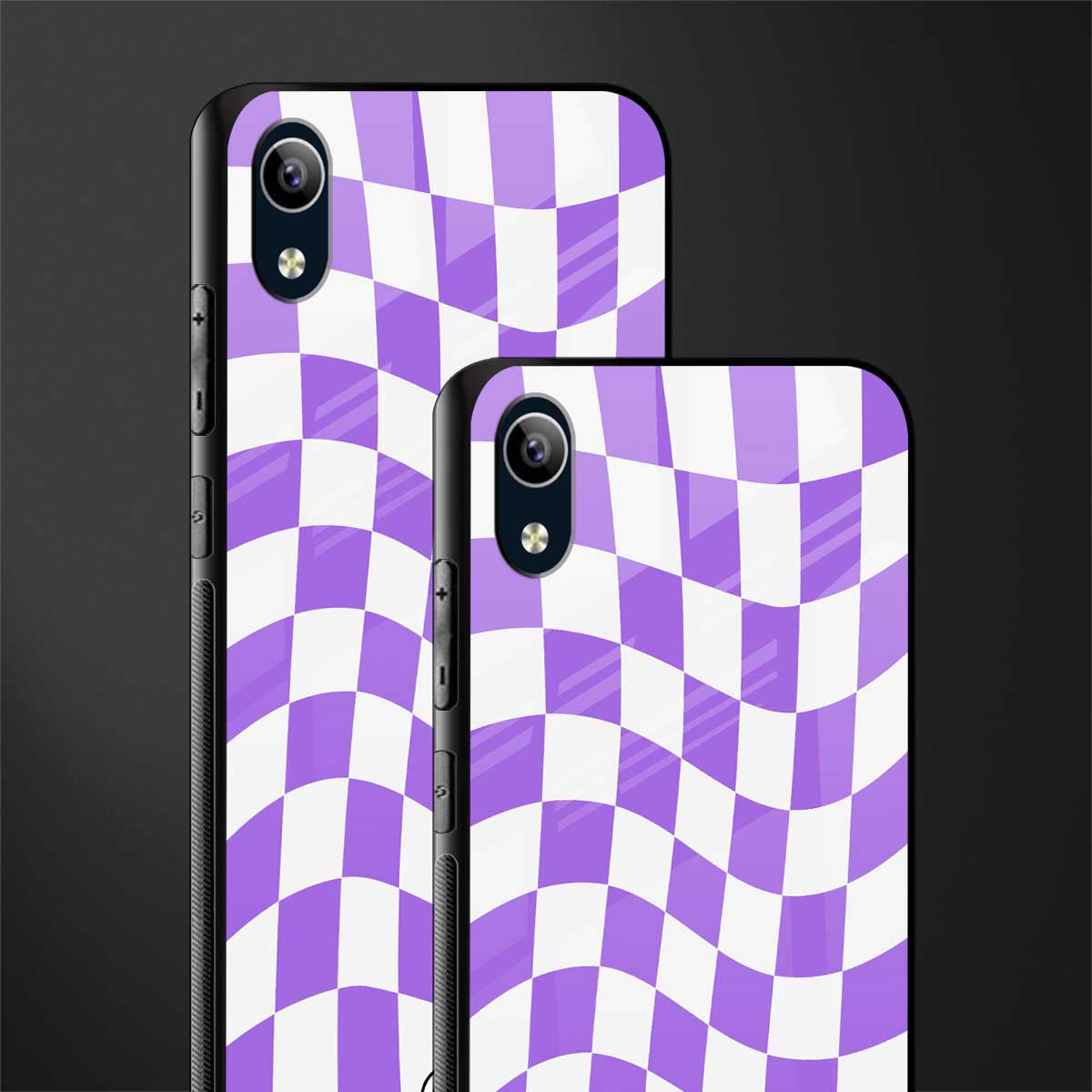 purple white trippy check pattern glass case for vivo y1s without fingerprint image-2