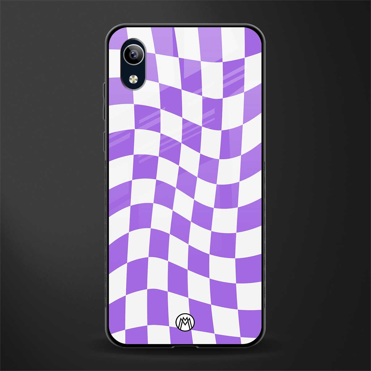 purple white trippy check pattern glass case for vivo y1s without fingerprint image