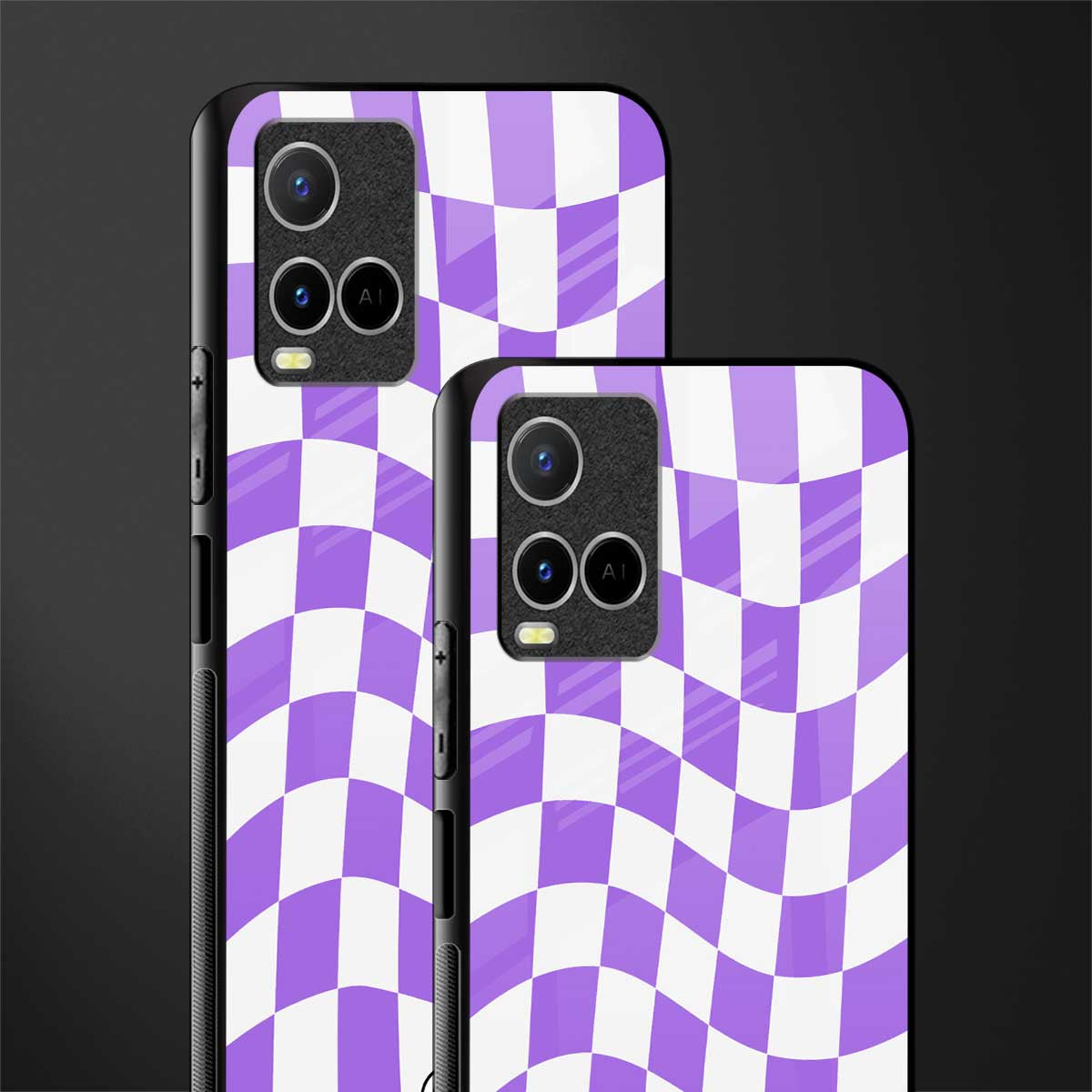 purple white trippy check pattern glass case for vivo y33s vivo y33t image-2