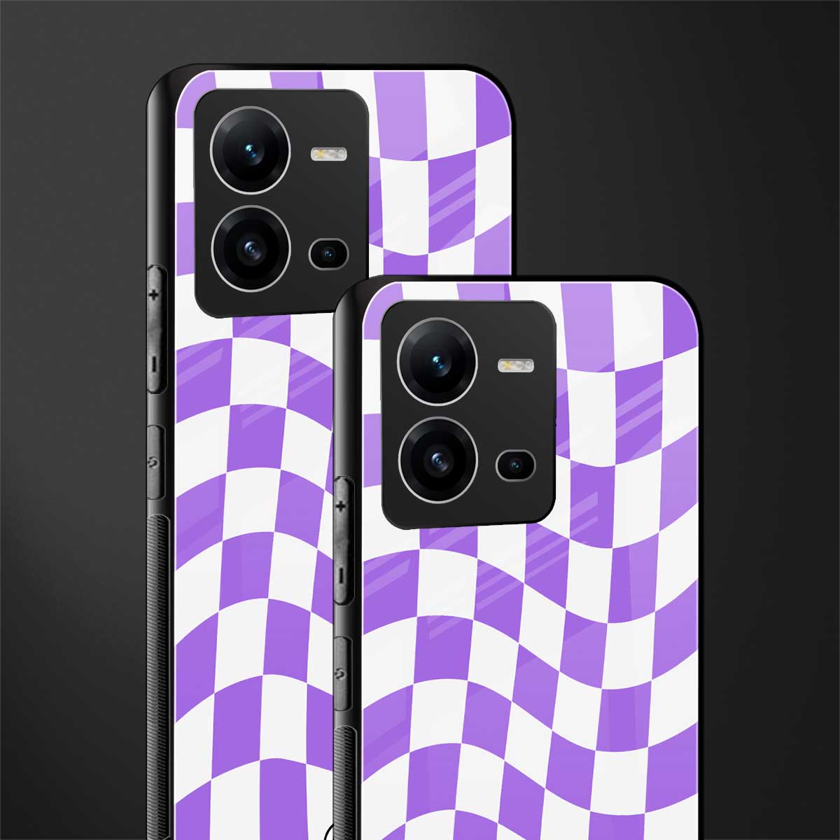purple white trippy check pattern back phone cover | glass case for vivo v25-5g
