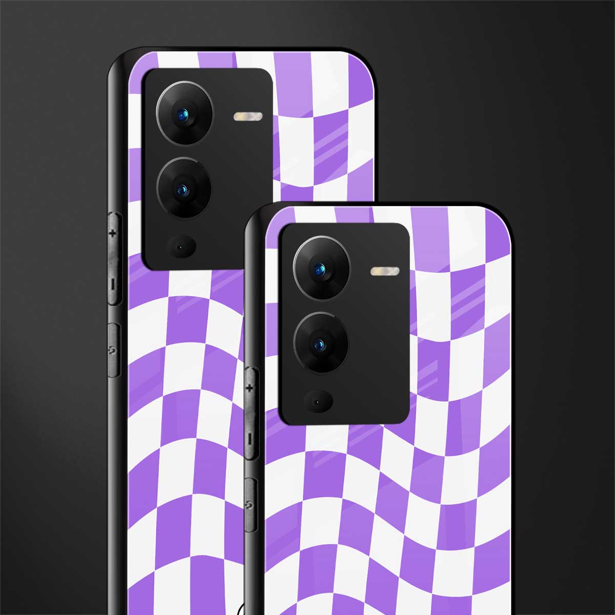 purple white trippy check pattern back phone cover | glass case for vivo v25 pro 5g