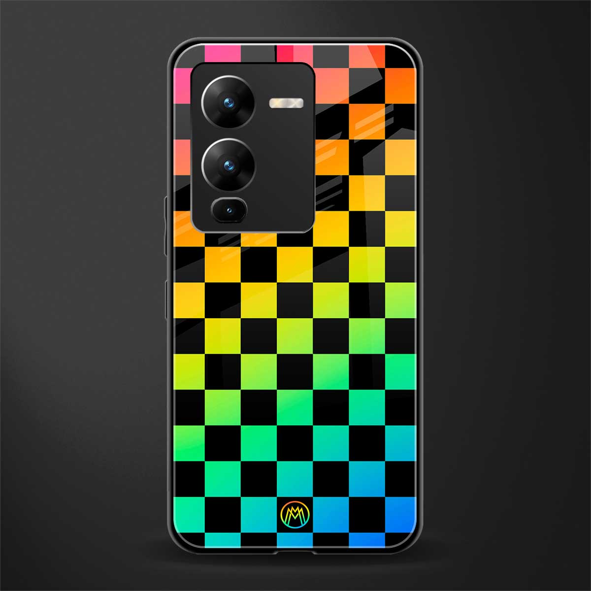 rainbow check pattern back phone cover | glass case for vivo v25 pro 5g