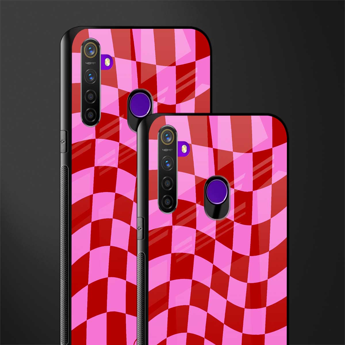 red pink trippy check pattern glass case for realme 5s image-2
