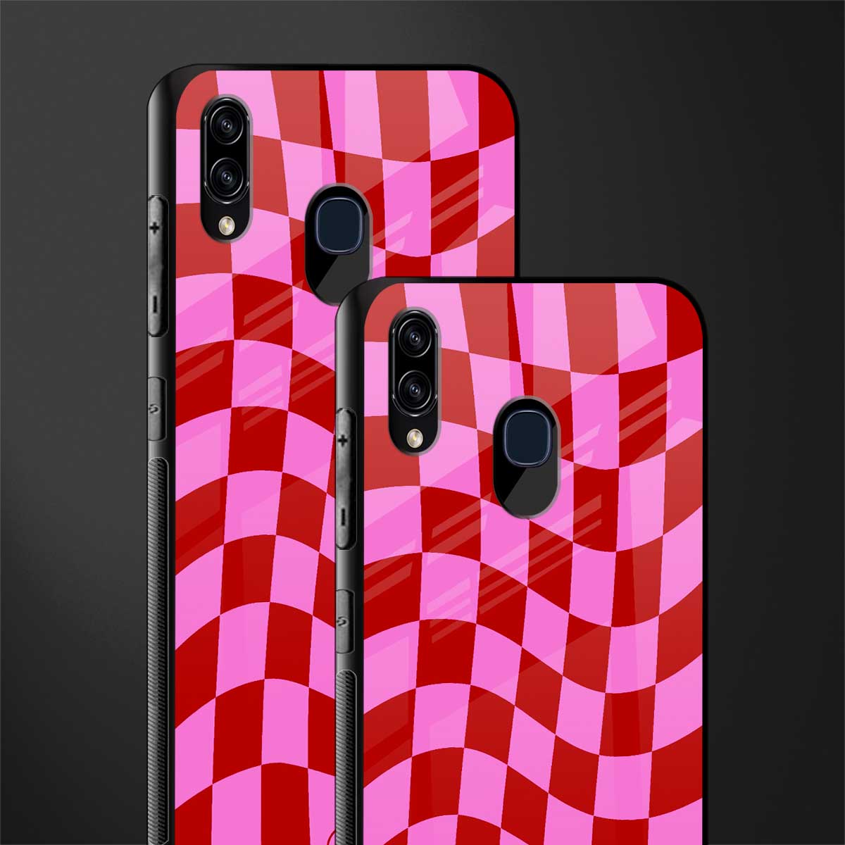 red pink trippy check pattern glass case for samsung galaxy a30 image-2