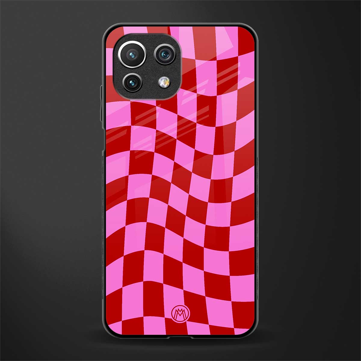 red pink trippy check pattern glass case for mi 11 lite image