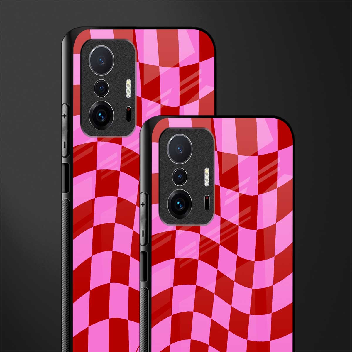 red pink trippy check pattern glass case for mi 11t pro 5g image-2