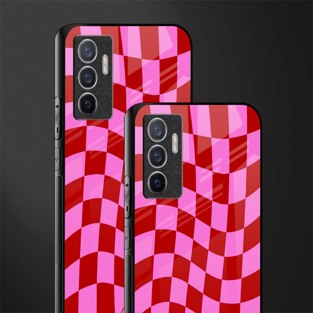 red pink trippy check pattern glass case for vivo v23e image-2