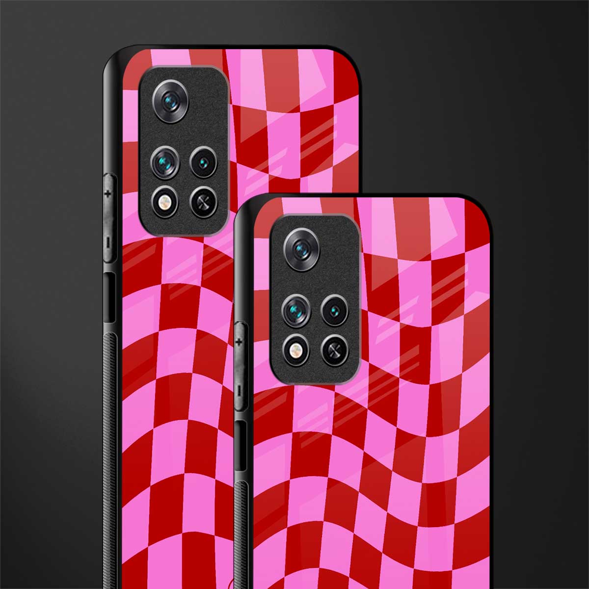 red pink trippy check pattern glass case for poco m4 pro 5g image-2
