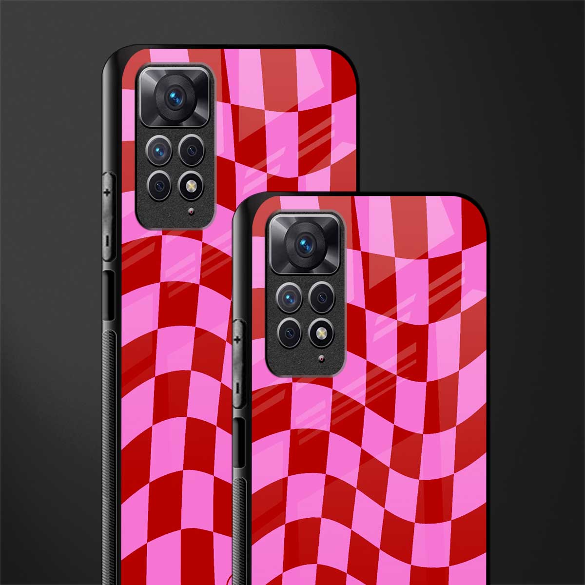 red pink trippy check pattern glass case for redmi note 11 pro image-2
