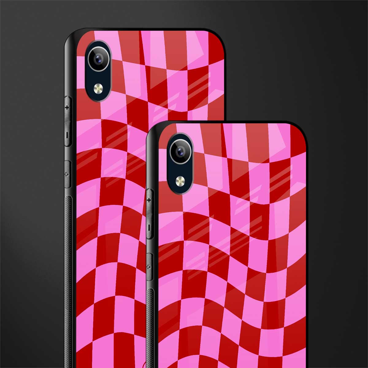 red pink trippy check pattern glass case for vivo y1s without fingerprint image-2
