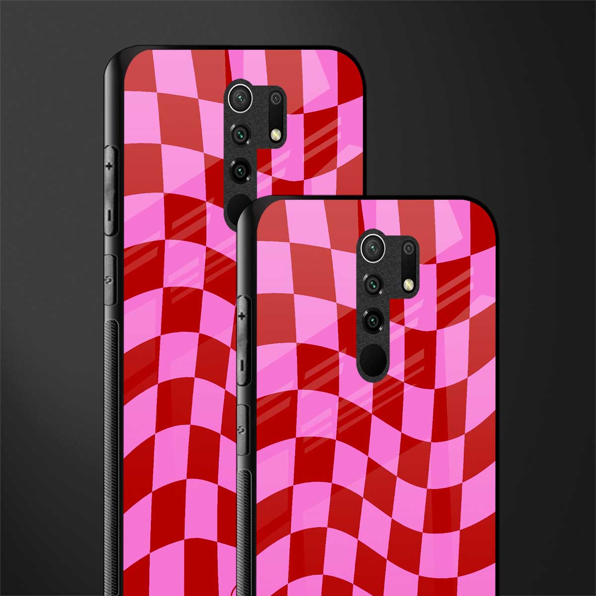red pink trippy check pattern glass case for redmi 9 prime image-2