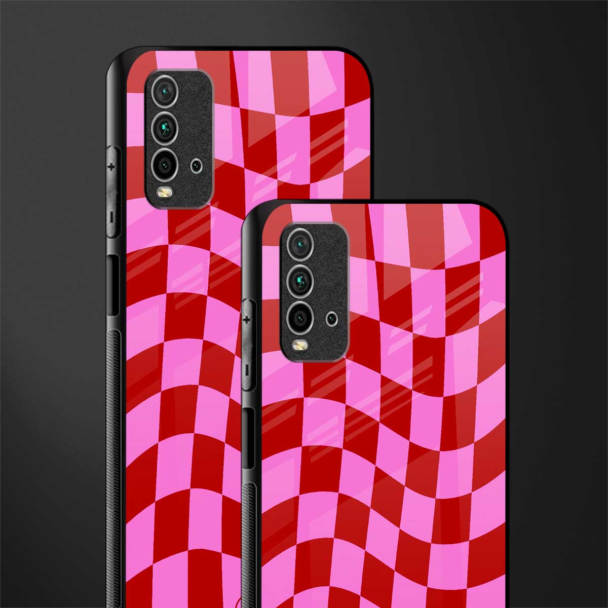 red pink trippy check pattern glass case for redmi 9 power image-2