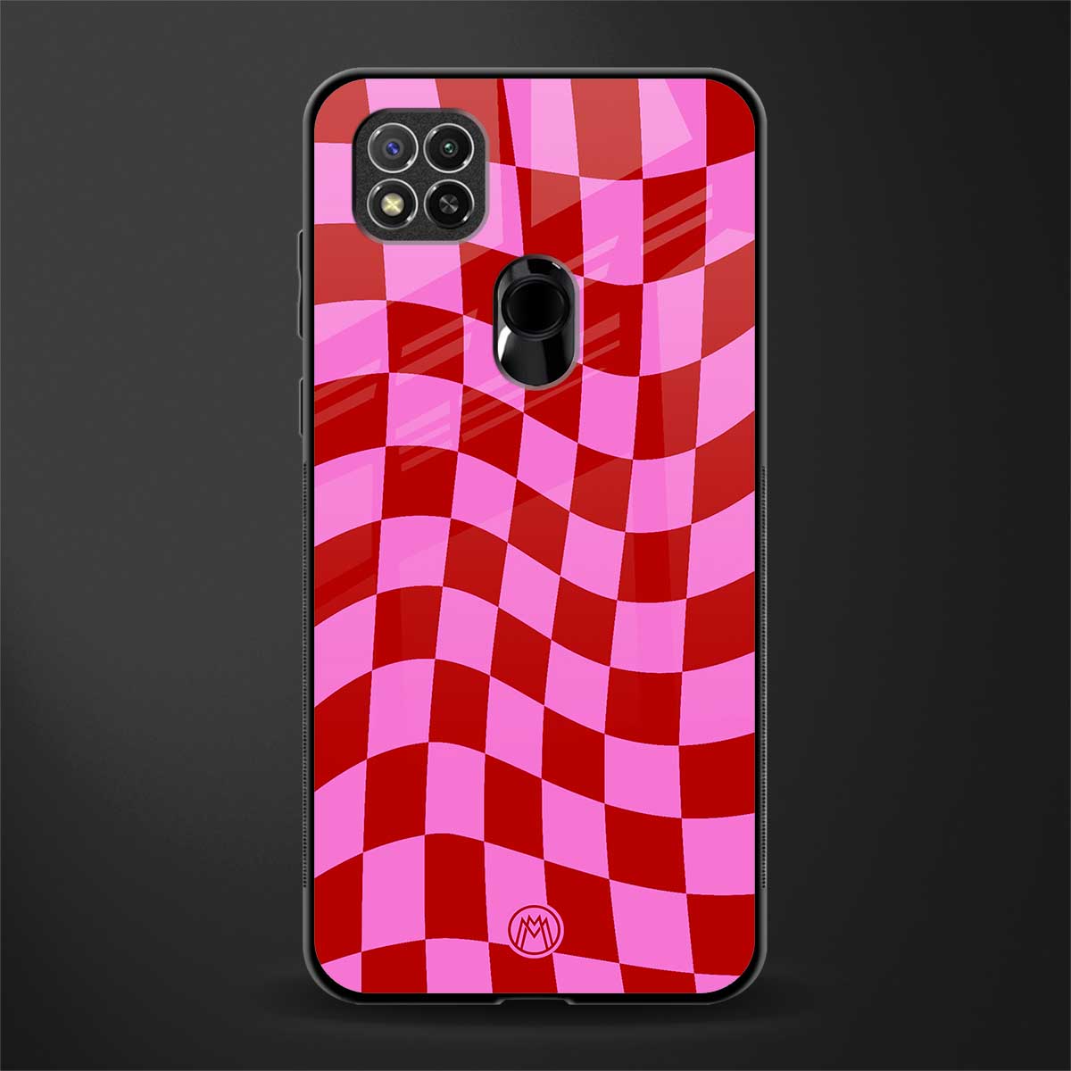 red pink trippy check pattern glass case for redmi 9 image