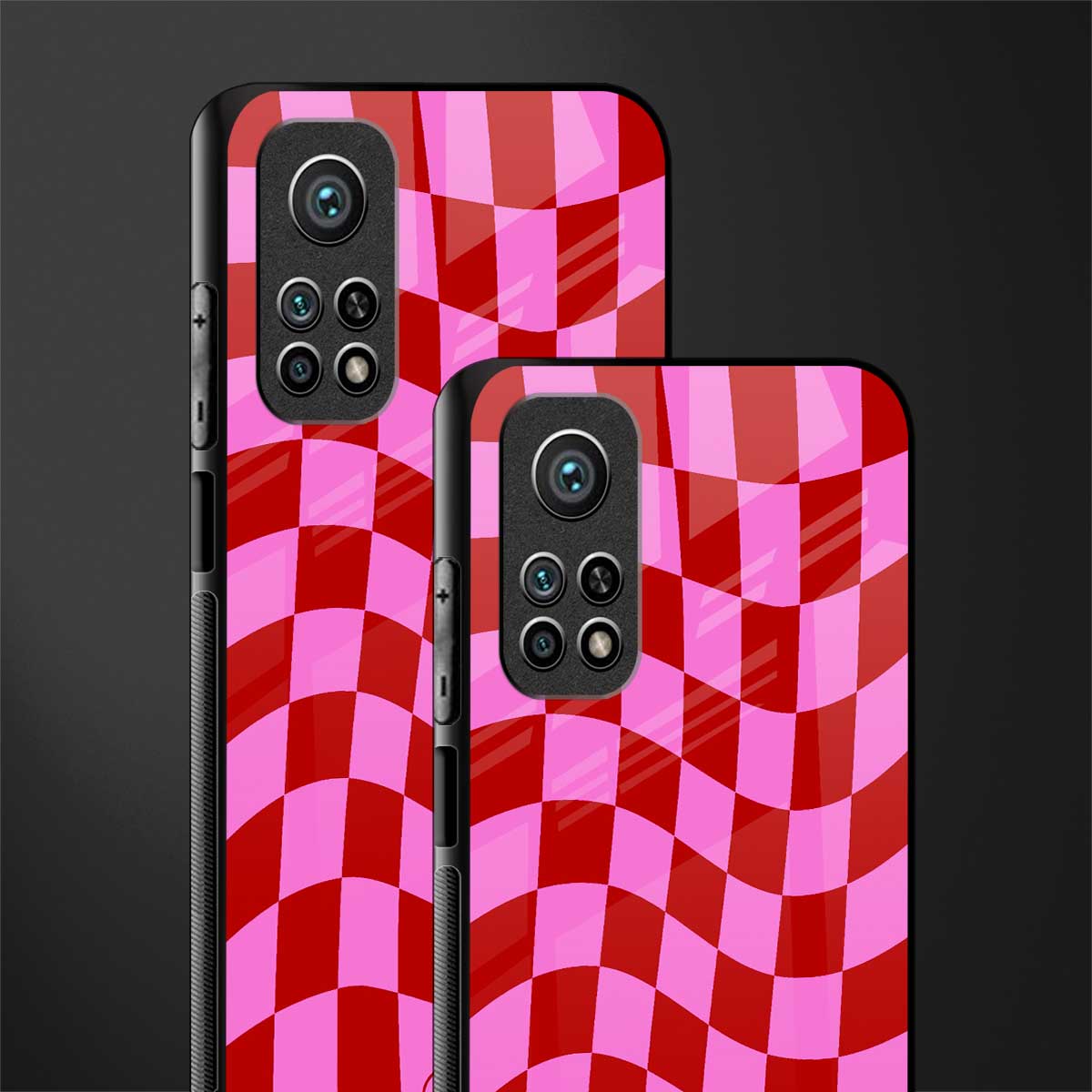 red pink trippy check pattern glass case for mi 10t 5g image-2