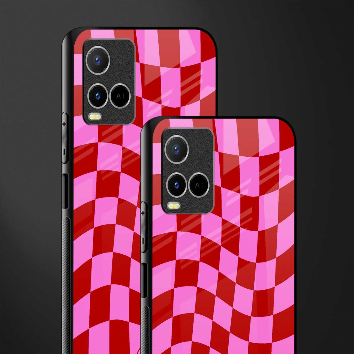 red pink trippy check pattern glass case for vivo y33s vivo y33t image-2