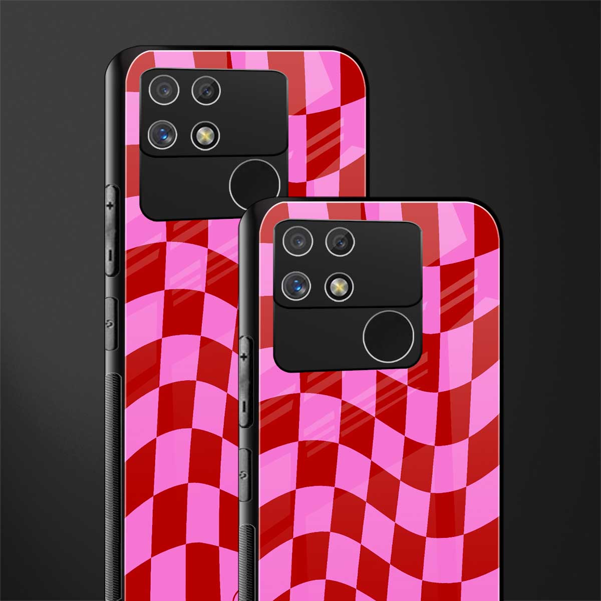 red pink trippy check pattern back phone cover | glass case for realme narzo 50a