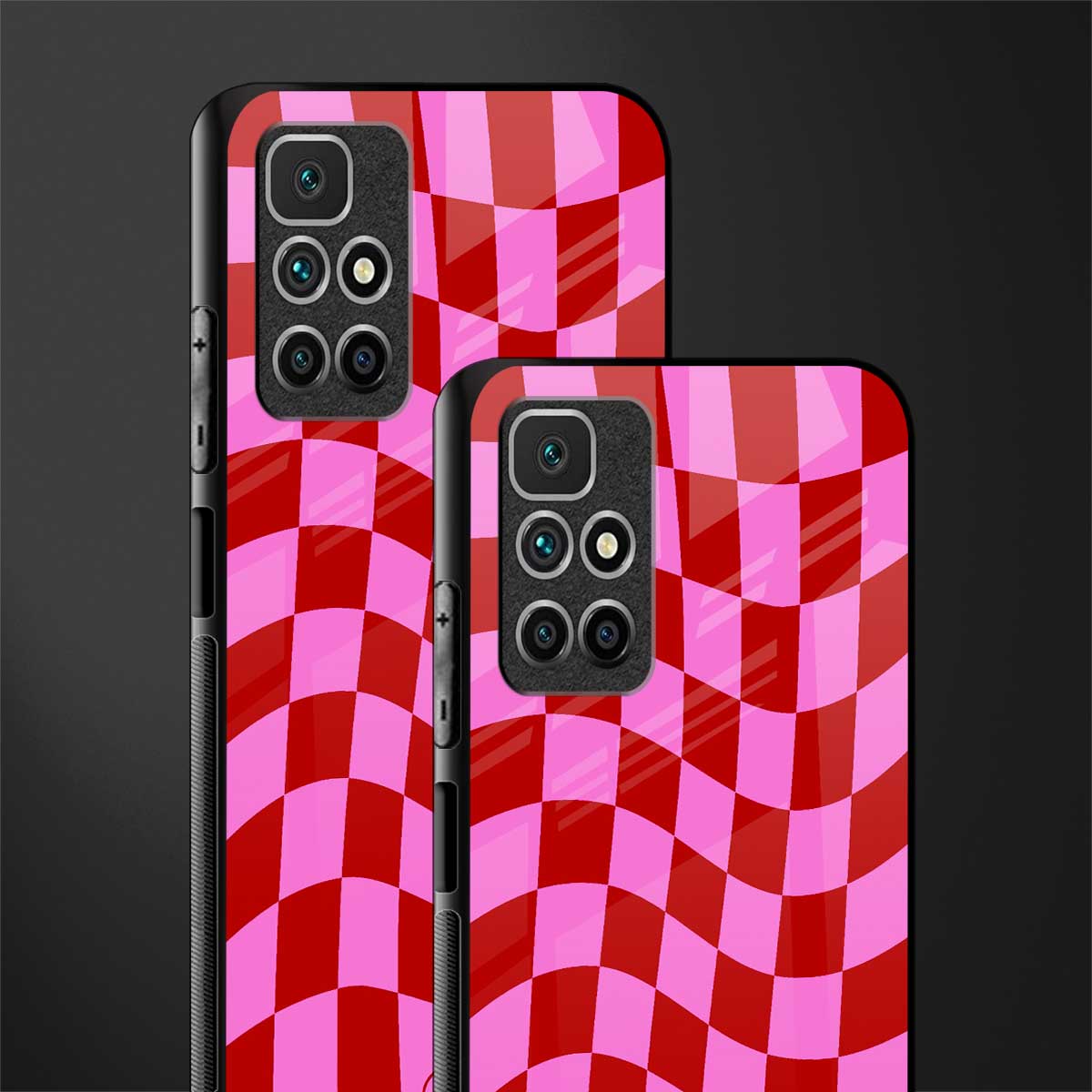 red pink trippy check pattern glass case for redmi 10 prime image-2