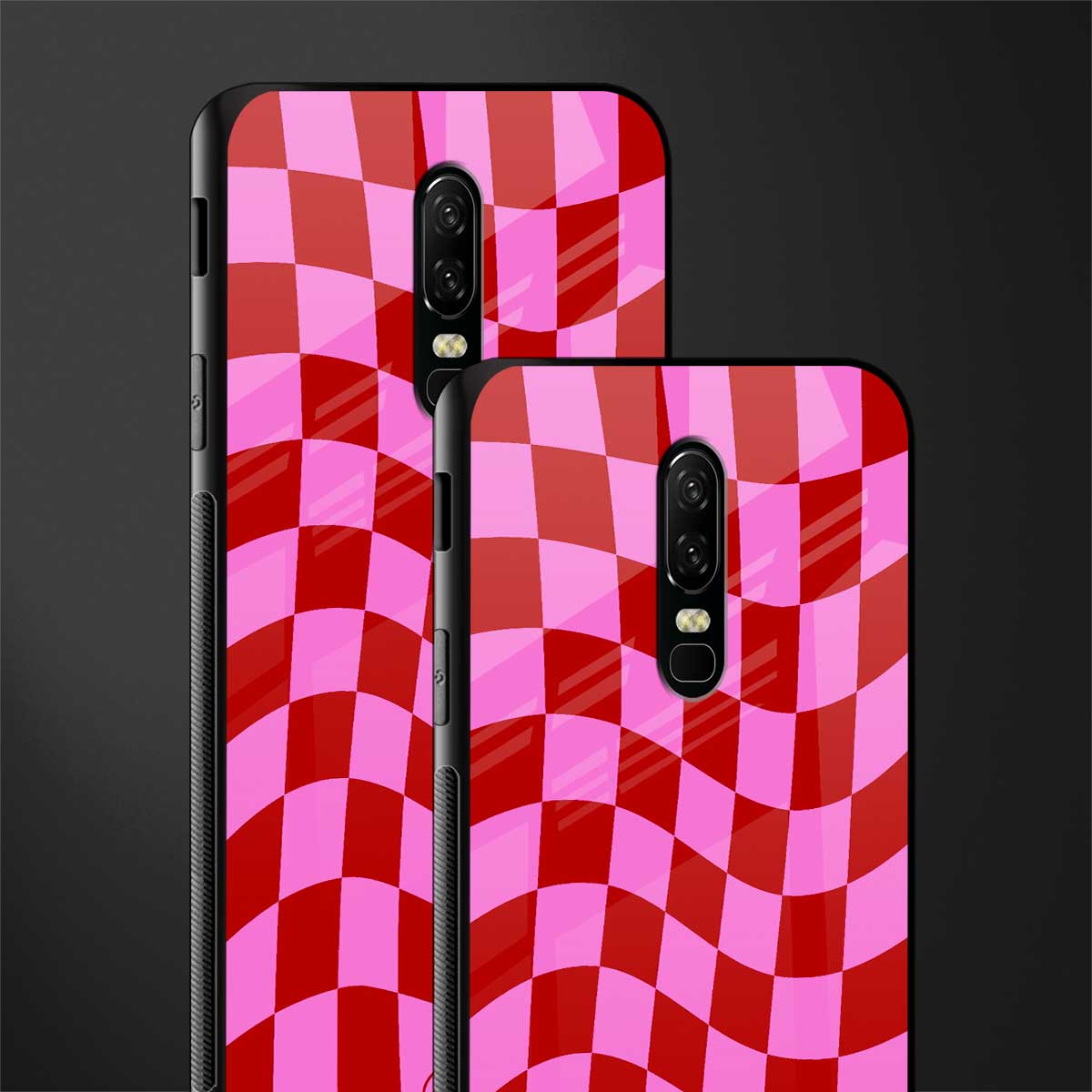 red pink trippy check pattern glass case for oneplus 6 image-2