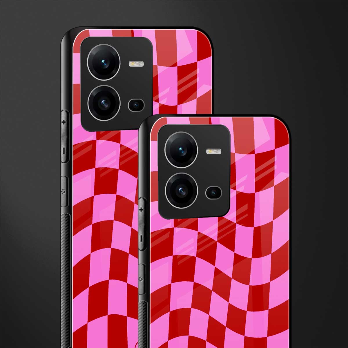 red pink trippy check pattern back phone cover | glass case for vivo v25-5g