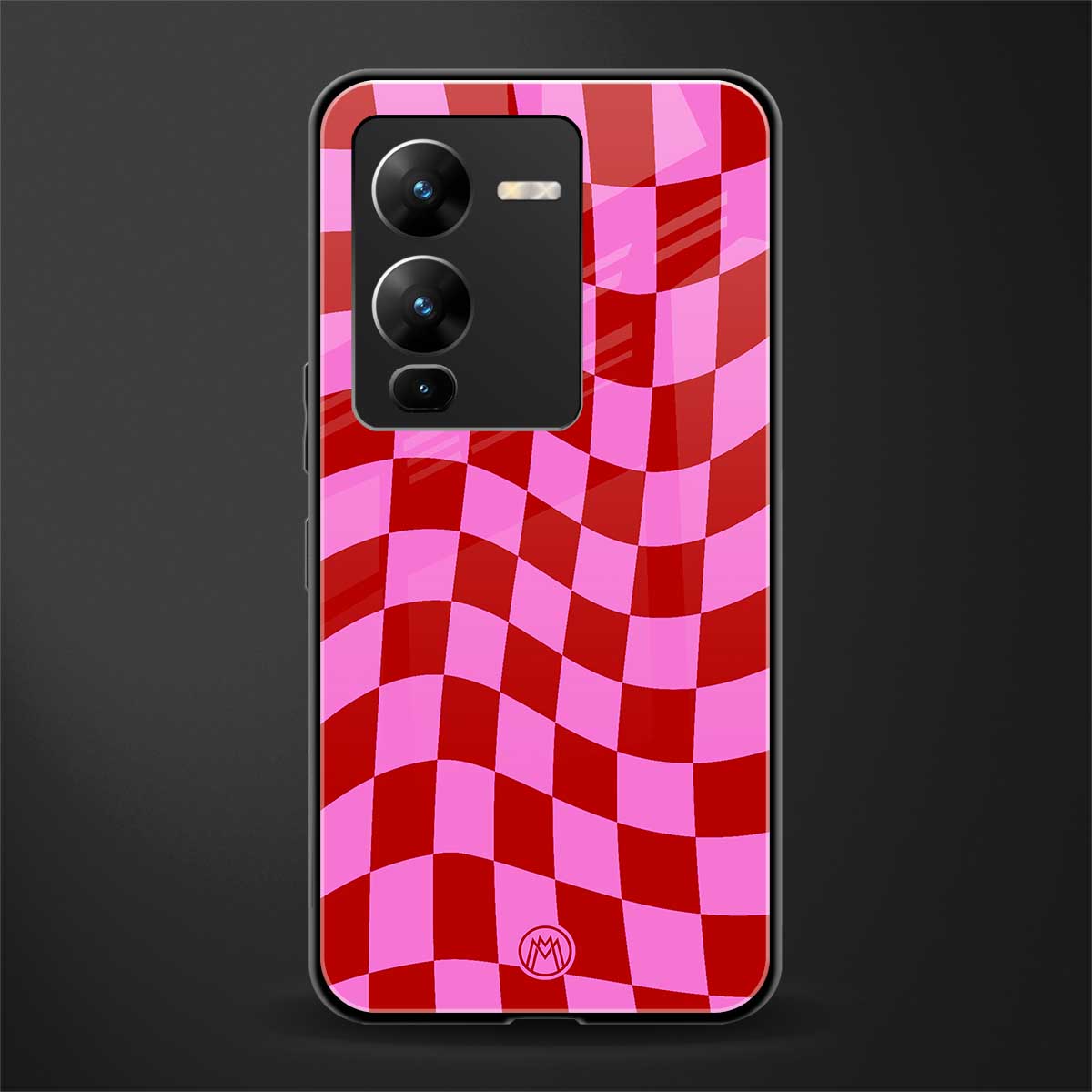 red pink trippy check pattern back phone cover | glass case for vivo v25 pro 5g