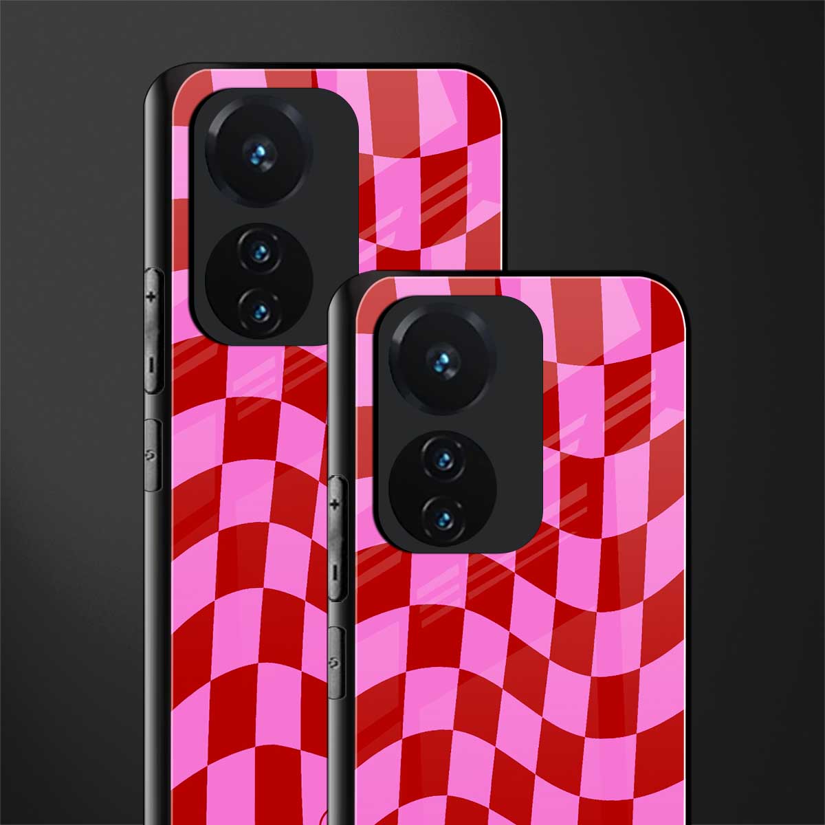 red pink trippy check pattern back phone cover | glass case for vivo t1 44w 4g
