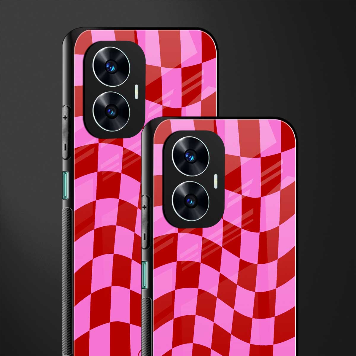 red pink trippy check pattern back phone cover | glass case for realme c55